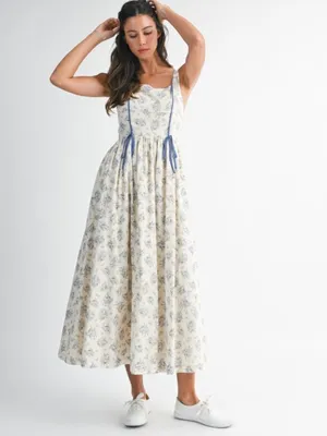 Floral Print Square Neck Contrast Pipinig Dress thumbnail 2
