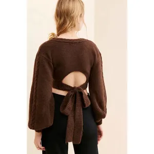For Love & Lemons Cropped Amelia Sweater Chic Brown Knit with Back Tie Size XL thumbnail 2
