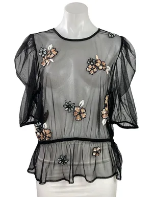 By Anthropologie Black Floral Embellished Sequin Sheer Mesh Peplum Crop Top Sz L thumbnail 1