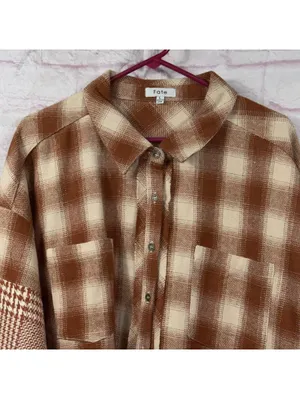 Fate Oversized Plaid Shacket Women’s Large Brown Cream Mixed Print Button NWT thumbnail 2