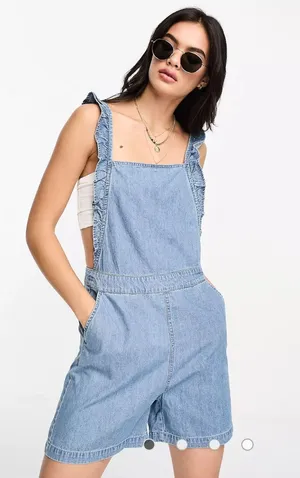 ASOS NWT Only frill detail denim playsuit in mid blue. Size large. thumbnail 1