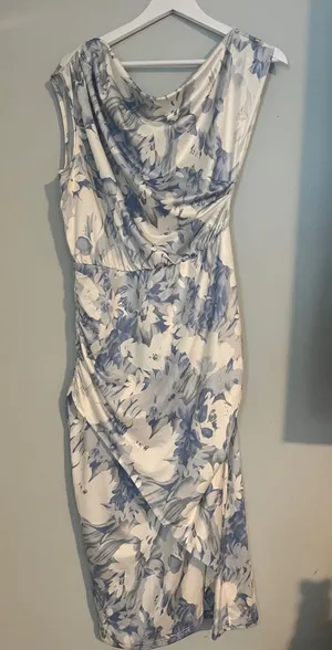 SHEIN Blue & White Floral Draped Midi Dress thumbnail 1