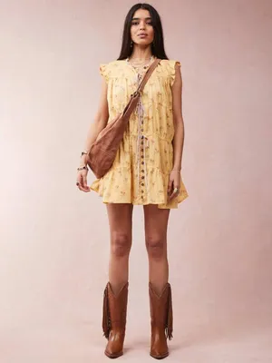Free People Bohemian Prairie Sundown Mini Dress Tunic Top Sunshine Combo Large thumbnail 4