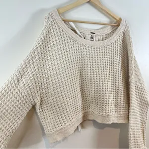 Free People | Lace Up Back Oversized Waffle Knit Sweater Ivory Small thumbnail 4
