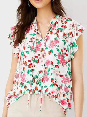 ANN TAYLOR Floral Mixed Media Ruffle Sleeve Tie Neck Shell Top White Strawberry thumbnail 1