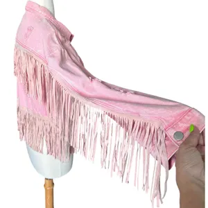 Cropped Pink Distressed Fringe Denim Jean Jacket L Western Cowgirl Festival thumbnail 6
