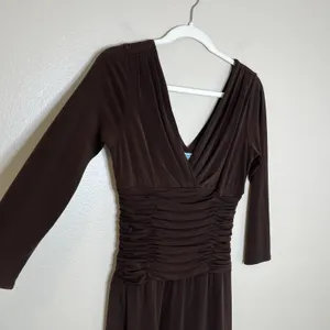 Women's‎ Y2K Vtg Dress Espresso Chocolate Brown Ruched V Neck Twee Babydoll Sz 6 thumbnail 2
