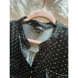 Black Polka Dot Blouse ~ Button-Front 3/4 cap sleeves ~ Classic Business Casual thumbnail 2