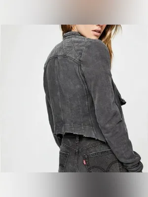 Free People Distressed Charcoal Gray Wash Cotton Shrunken Moto Jacket Size S thumbnail 3