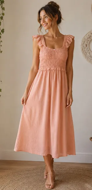 ANTHROPOLOGIE By The River Midi Dress PRAIRIE COTTAGE FEMININE Peach NWT Small S thumbnail 1