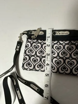 Lesportsac Black & White Heart Motif Crossbody Wristlet Pouch 7”x4.5” - 18” drop thumbnail 6