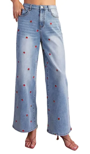 NWT EASEL l Strawberry Fields Embroidered Lightwash Wide Leg Jeans thumbnail 1
