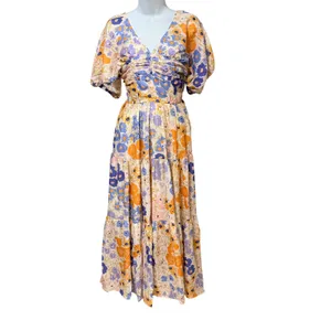 JardinVue Floral Tiered‎ Maxi Dress Orange Purple Puff Sleeve V-Neck Small NWT thumbnail 3