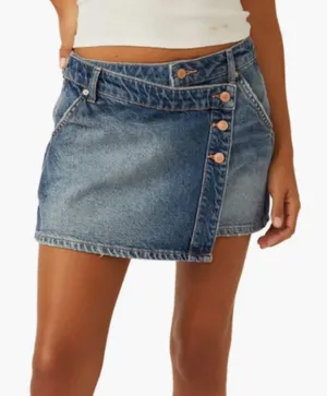 FREE PEOPLE Wynne Denim Mini Skirt in Cornflower Blue Size 28 New NWOT Wrap thumbnail 1