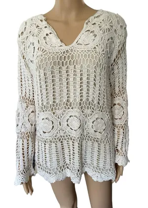 Roaman’s Vintage 90s Cream Boho Hippie Western Eclectic Crochet Long Sleeve Top thumbnail 1