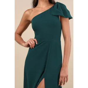 Lulus Simply Brilliant Emerald One-Shoulder Bow Maxi Dress Formal Large NWT thumbnail 3