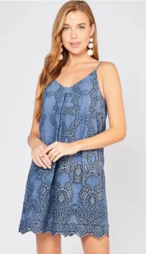 Entro Blue Floral Embroidered Eyelet Mini Dress V-Neck Dark Fairy Whimsigoth S thumbnail 1