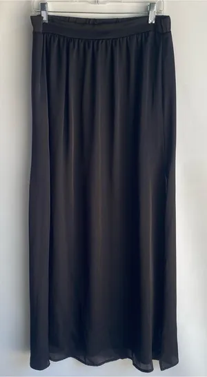 Lily White black silky satin long maxi skirt high side slits summer chic Large thumbnail 1