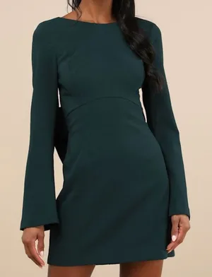 NEW Lulus Elegant Cutie Emerald Bow Bell-Style Long Sleeve Backless Mini Dress thumbnail 1