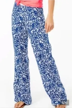 Lilly Pulitzer Women's Beach Mid Rise Linen Palazzo Pants Oyster Bay Blue White thumbnail 1