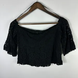 Zara Black Lace Crop Top‎ Womens Small Short Sleeve Fairy Grunge Whimsigoth thumbnail 4