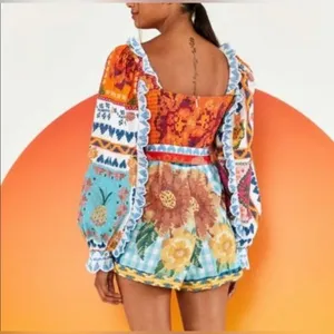 FARM Rio Summer Vibe Patchwork Floral Romper XS Multicolor Boho Festival Vaca thumbnail 5