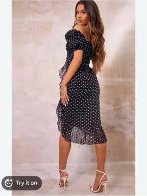 Pretty Little Thing Black Polka Dot Puff Sleeve Off Shoulder Midi Dress Size 6 thumbnail 2