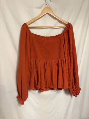 BiBi Rust Smocked Off-Shoulder Gauzy Cotton Peasant Blouse Coquette SZ L NWT thumbnail 4