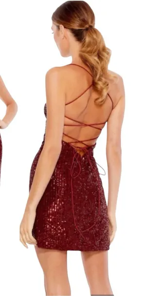 NWT MacDuggal 26479 Sequin Strappy Back Mini Formal Prom Dress Burgundy Size 6 thumbnail 1