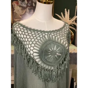 Easel Sage Green Crochet Fringe Poncho Gauze Top Small thumbnail 2