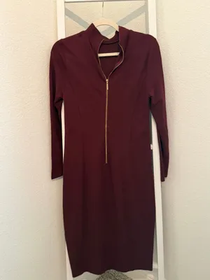 Kensie Burgundy Gold-Zip Long-Sleeve Ponte Midi Dress thumbnail 3