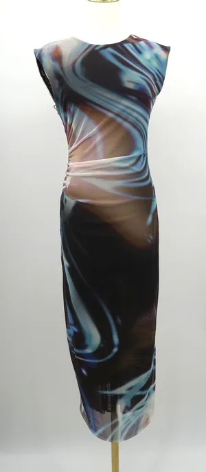 Zara Mesh Abstract Swirl Print‎ Ruched Midi Dress Blue Purple Brown Medium thumbnail 1