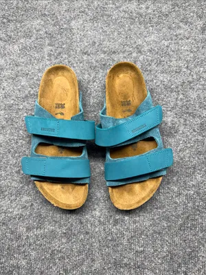 Birkenstock Double-Strap Nubuck-Suede Deep Turquoise Leather Slide Sandals thumbnail 4