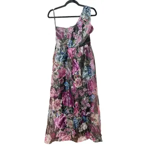 SheIn Stunning One-Shoulder Floral Organza Sheer Maxi Dress Purple & Black M thumbnail 2