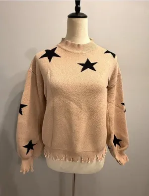 Dance & Marvel women's medium beige/black Stars mock neck sweater thumbnail 1