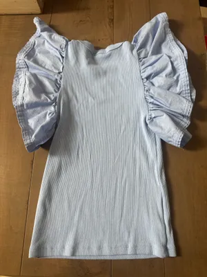 Zara Size Small light blue ribbed Ruffle Sleeve Top Blouse thumbnail 3