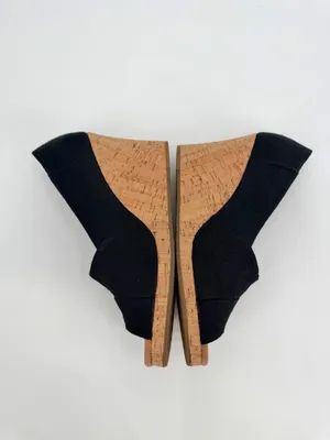 Toms Sandals Women’s 10M Black Classic Wedge Espadrille Cork Peep Toe Slip On thumbnail 7