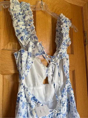 Altar'd State Mabel Blue Floral Tiered Ruffle Mini Dress Lace Up Back Size Large thumbnail 6