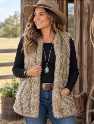 Brown Faux Fur Vest Womens L Black Sweater Knit Back Boho Western Open Front thumbnail 1