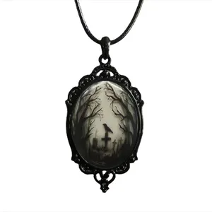 Gothic Crow Forest Cameo Pendant Necklace A Stylish‎ Rope Necklace thumbnail 3