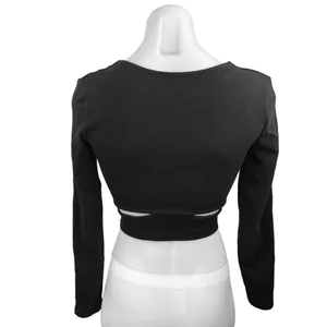 Zara Black Plunging V-Neck Cutout Long Sleeve Stretch Knit Cropped Top Size M thumbnail 2