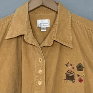 Country Grandma Size Large Yellow Embroidered Corduroy Shirt Autumn Harvest Fall thumbnail 3