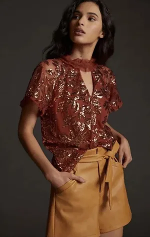 Anthropologie Floral Sequin Rust Orange Ruffle Tie Blouse Womens Large thumbnail 1