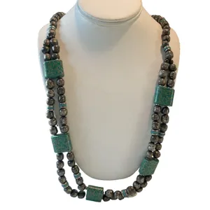 Vintage Japan Silver Tone & Teal 2 Strand Beaded 30'' Necklace Unique‎ 1960s thumbnail 3