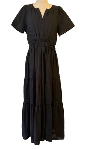 Umgee Tiered Maxi Dress‎ Medium Boho Cottagecore Smocked Waist Cotton LBD Black thumbnail 1