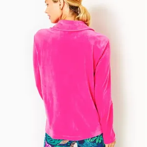 LILLY PULITZER August Velour Pullover Pink Palms Solid Polo Collar Bright Small thumbnail 7