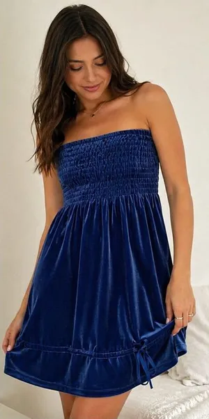 Frenchi Blue Velvet Strapless Mini Dress Small Homecoming Party Coquette thumbnail 1