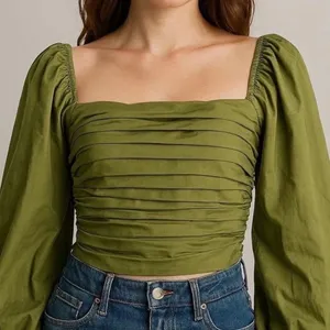 ABERCROMBIE & FITCH Puff Sleeve Pleated Bodice Ruched Crop Top in Green Size M thumbnail 1