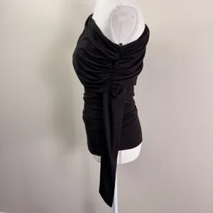 Agolde Kira Bodysuit Black Brown Ruched One Shoulder Long Sleeve Modal Top XS thumbnail 4