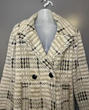 Anthropologie NVLT Coat Womens Large Beige Plaid Fuzzy Knit Button Front Unlined thumbnail 1